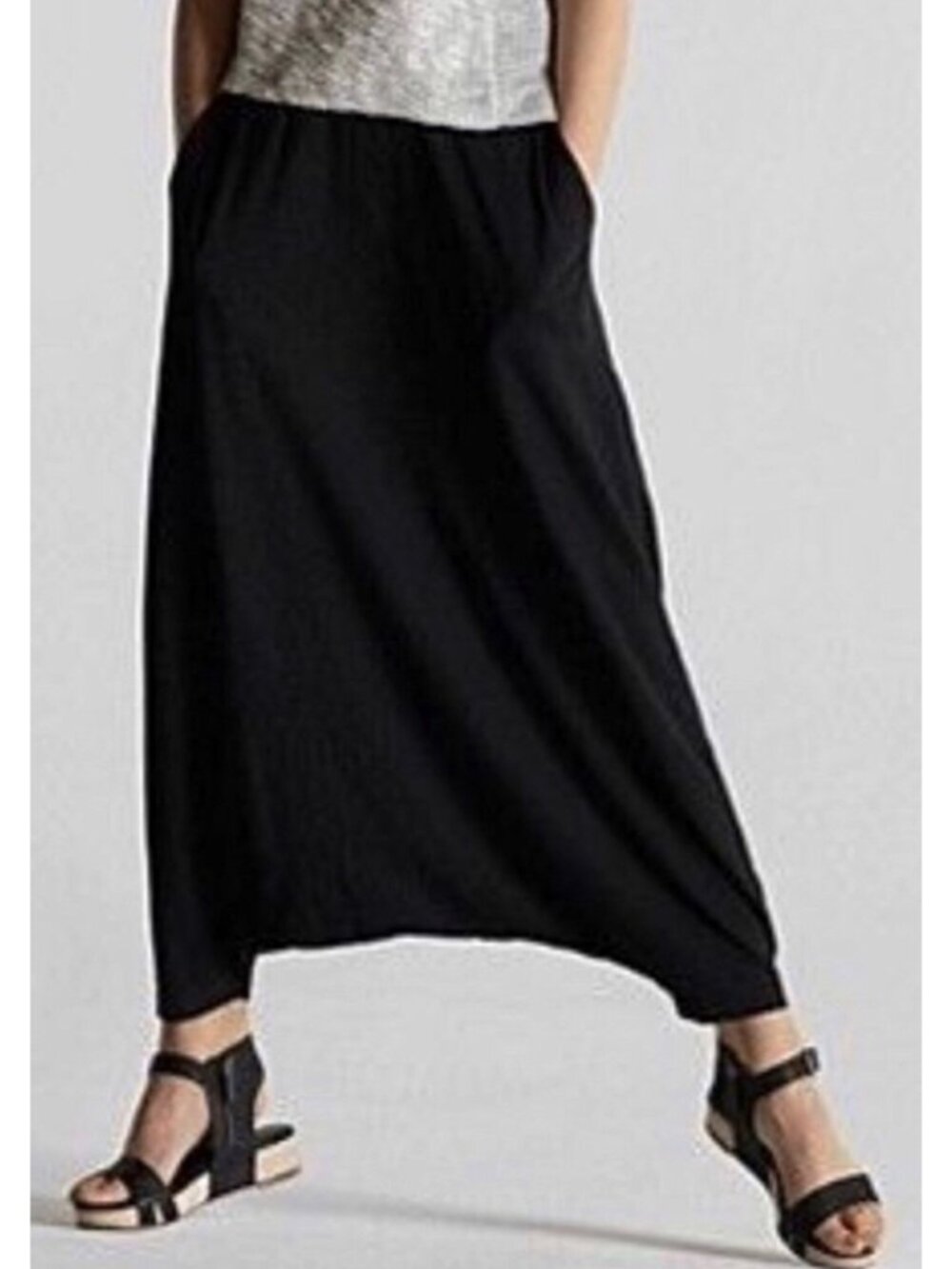 EILEEN FISHER Relaxed Draped Harem Pants Black Small Lagenlook Minimalist Jersey